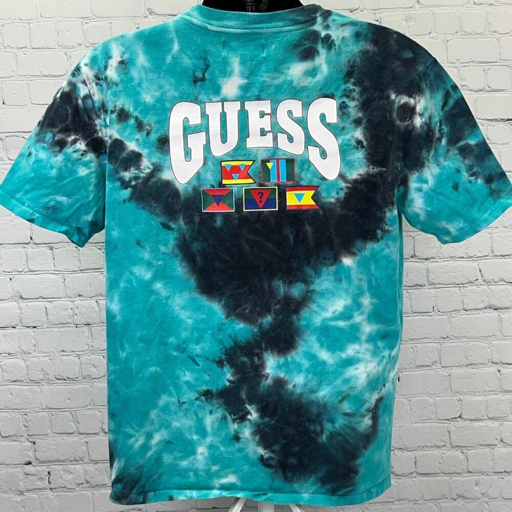 GUESS Originals Tie Dye Graphic T Shirt M Medium Teal Black Nautical Flags Logo